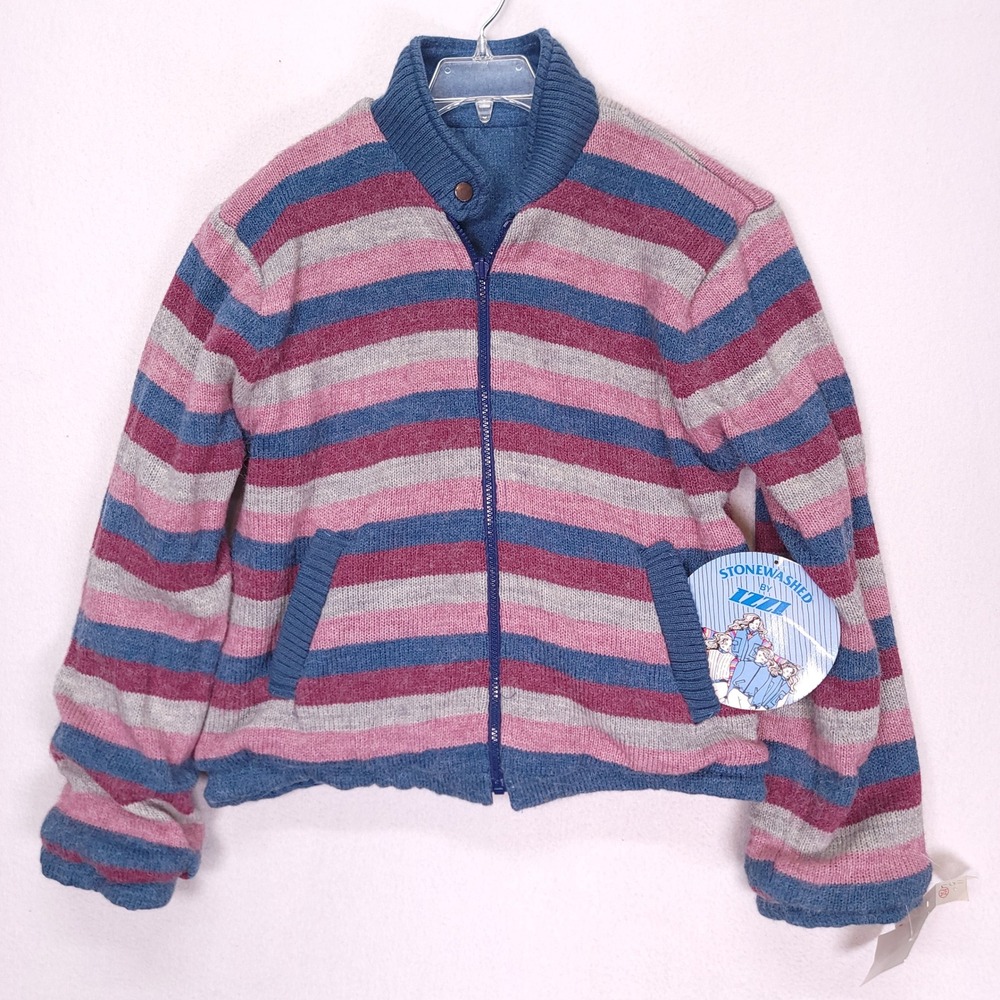 Vintage IZZI Reversible Bomber Jacket Blue Denim Striped Knit Pink Blue Womens M